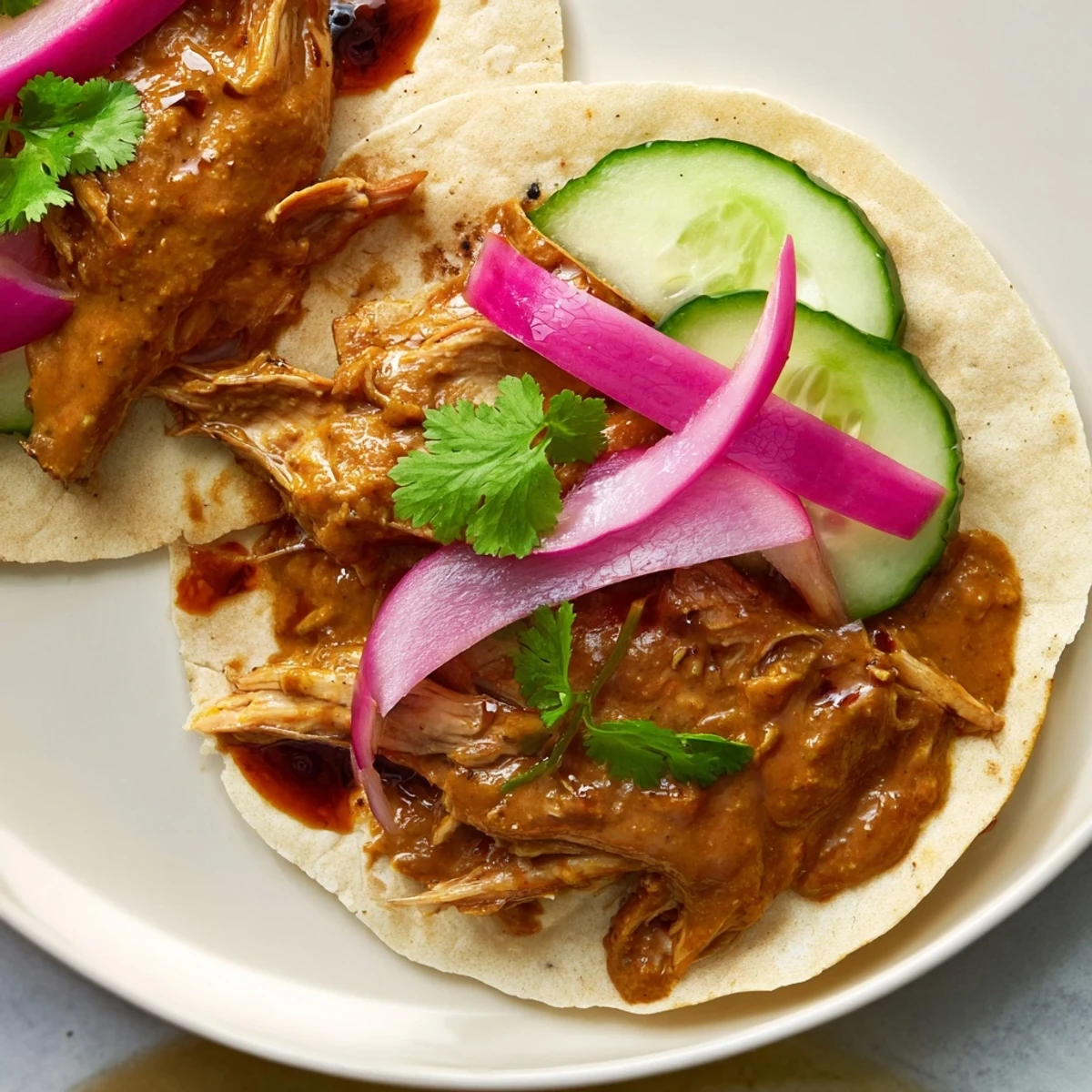 Tender sticky chicken tikka masala tacos served with fresh cilantro and a lime wedge.