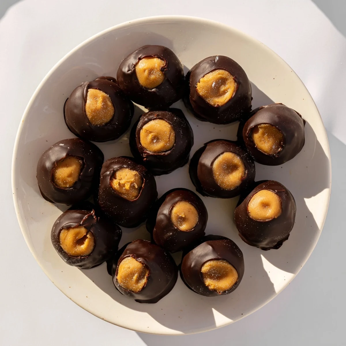 A close-up of homemade peanut butter buckeyes: sweet, bite-sized treats with chocolate coating.