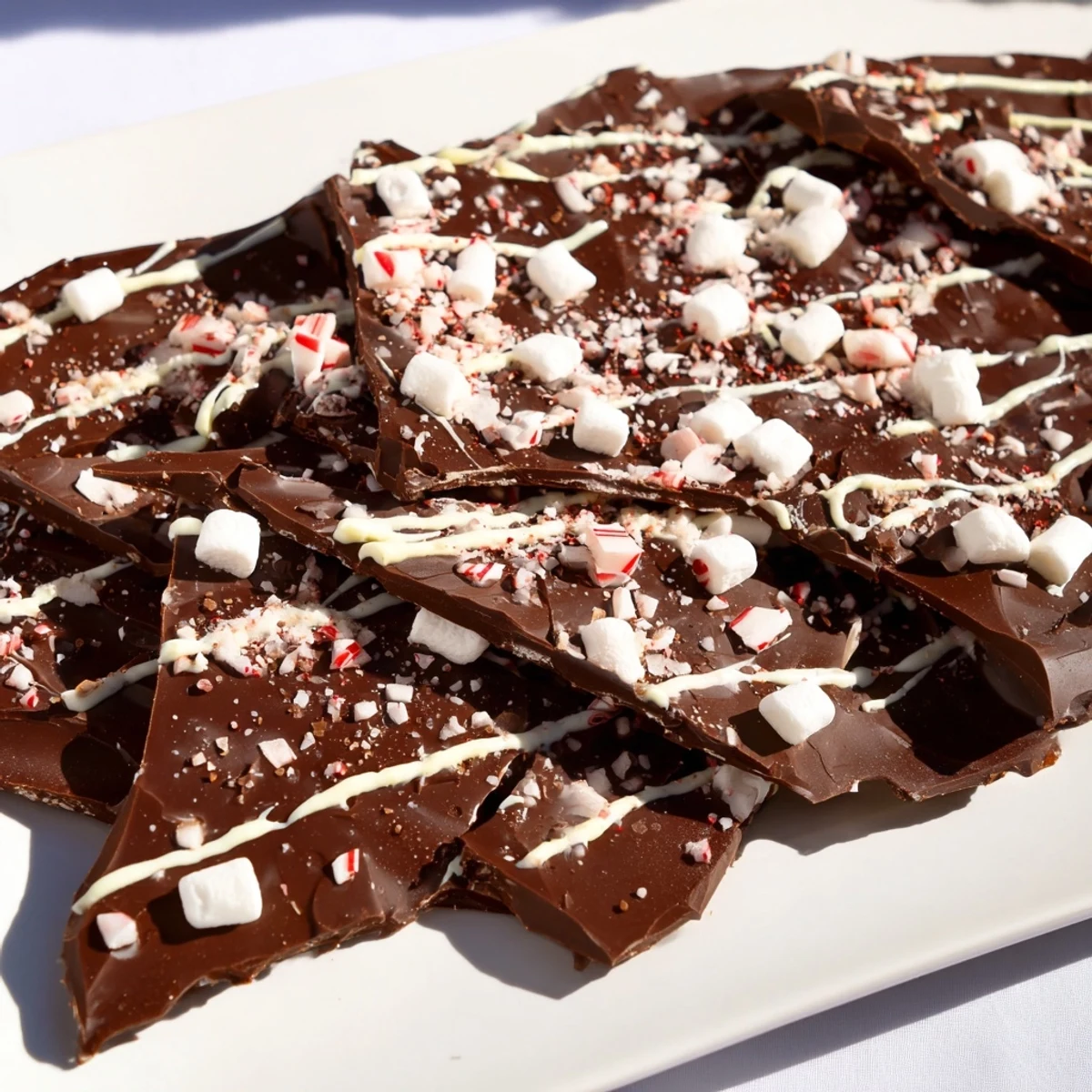 Close-up of homemade Hot Chocolate Bomb Bark, ready to be broken and swirled into warm milk.