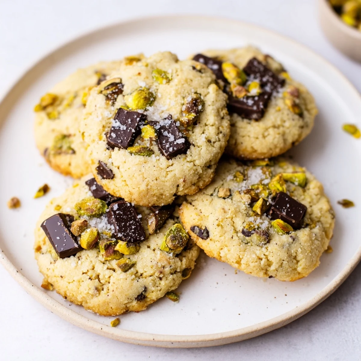 Salted pistachio chocolate chunk shortbread, golden and glistening with coarse sugar and sea salt, ready to eat.