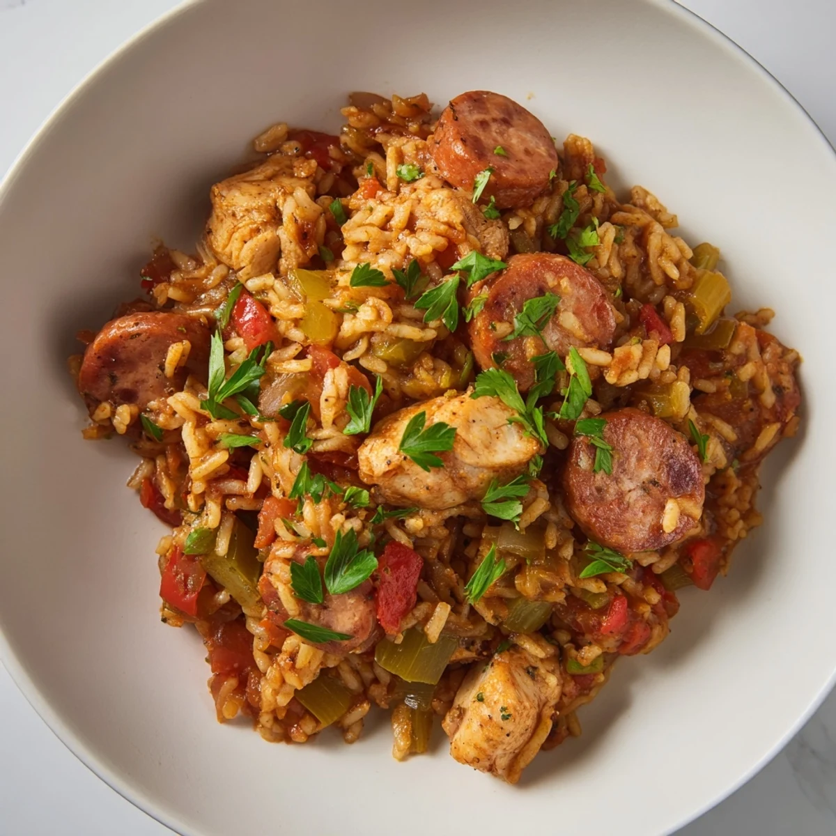 Warm, oven-baked Simple Chicken and Sausage Jambalaya, with visible chunks of chicken and smoky sausage.