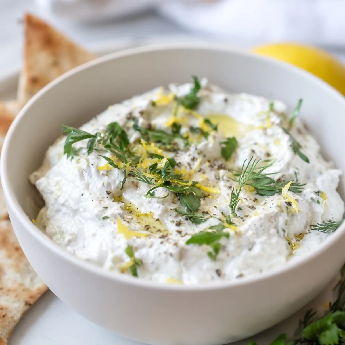 Creamy whipped feta dip, speckled with herbs, served with pita for a delicious appetizer.