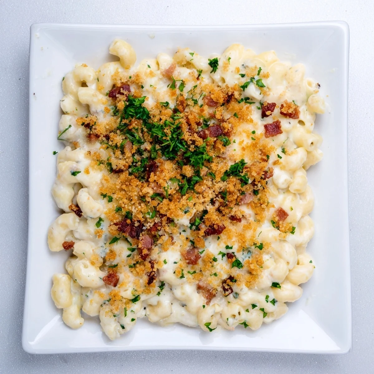Sheet pan mac and cheese with bacon, featuring crispy edges and a golden, bubbly top.