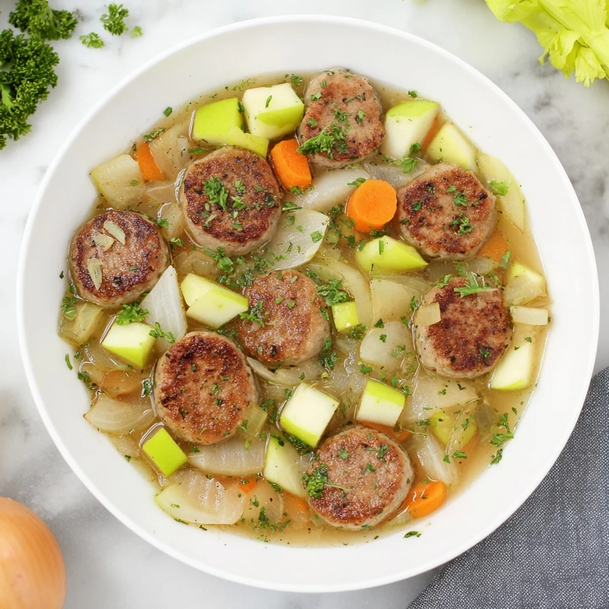 Steaming stovetop sausage, celery, and apple hotpot, perfect comfort food with tender vegetables.