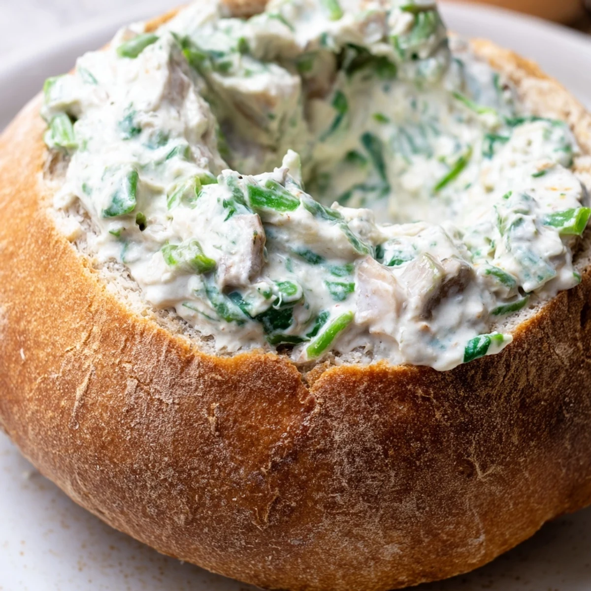 A warm, crusty bread bowl filled with creamy The Best Spinach Dip Ever, perfect for parties.
