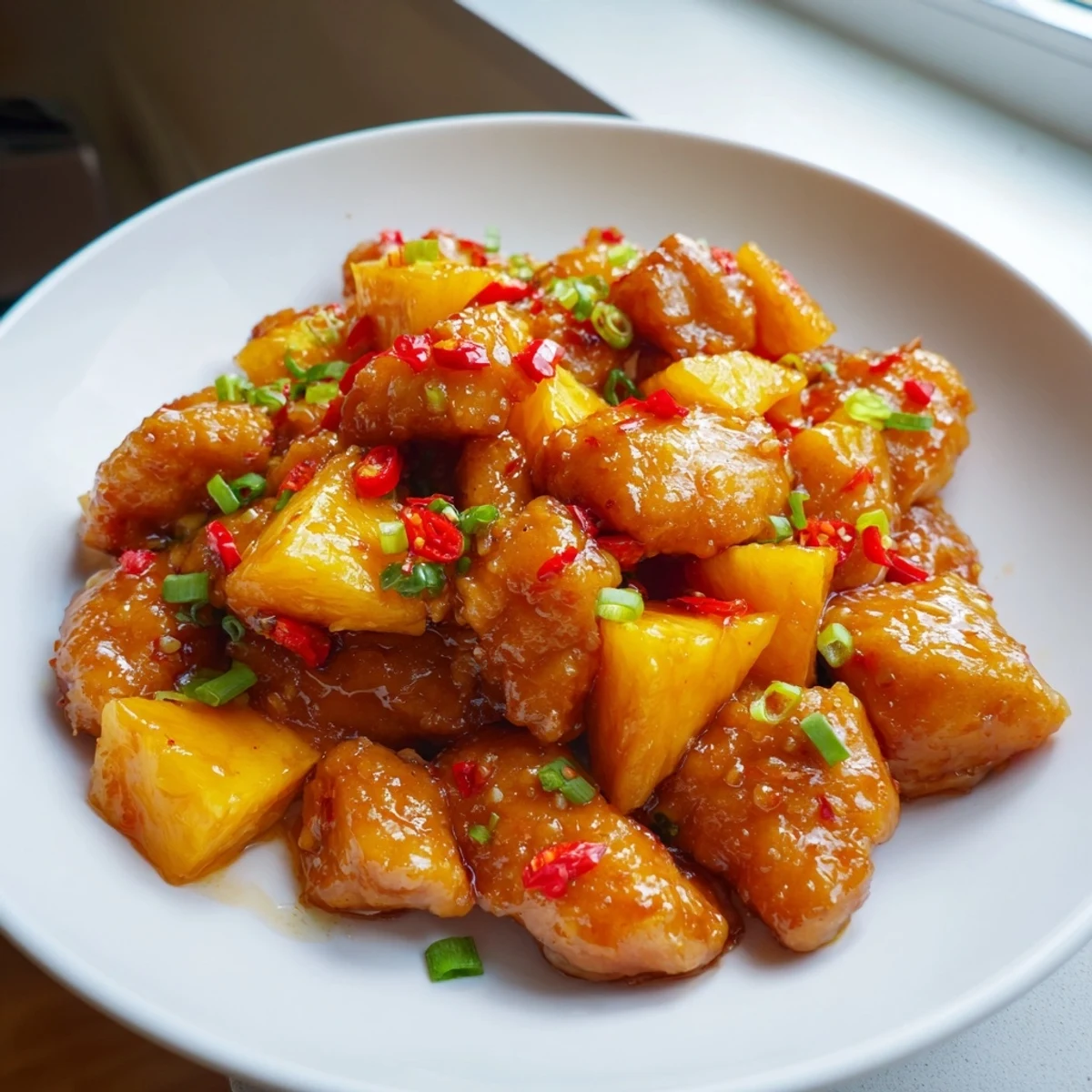 Close-up of bubbling Brown Sugar Pineapple Chicken, showcasing tender chicken and caramelized pineapple chunks.