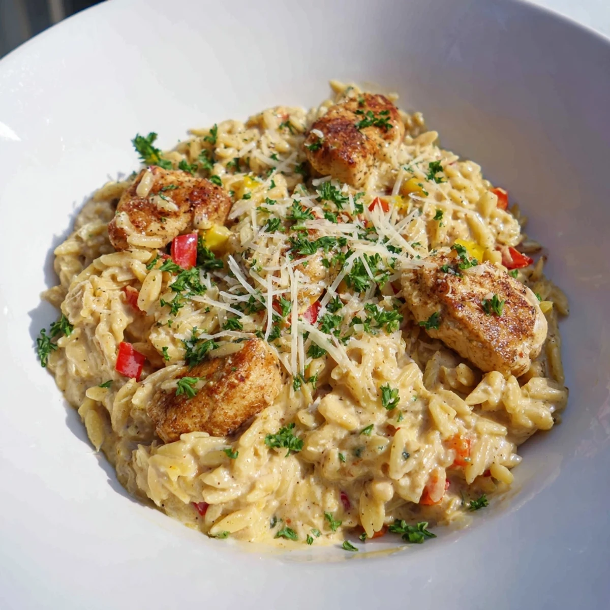 One-Pot Cajun Chicken Alfredo Orzo, a creamy, flavorful dish with golden-brown chicken and tender orzo.