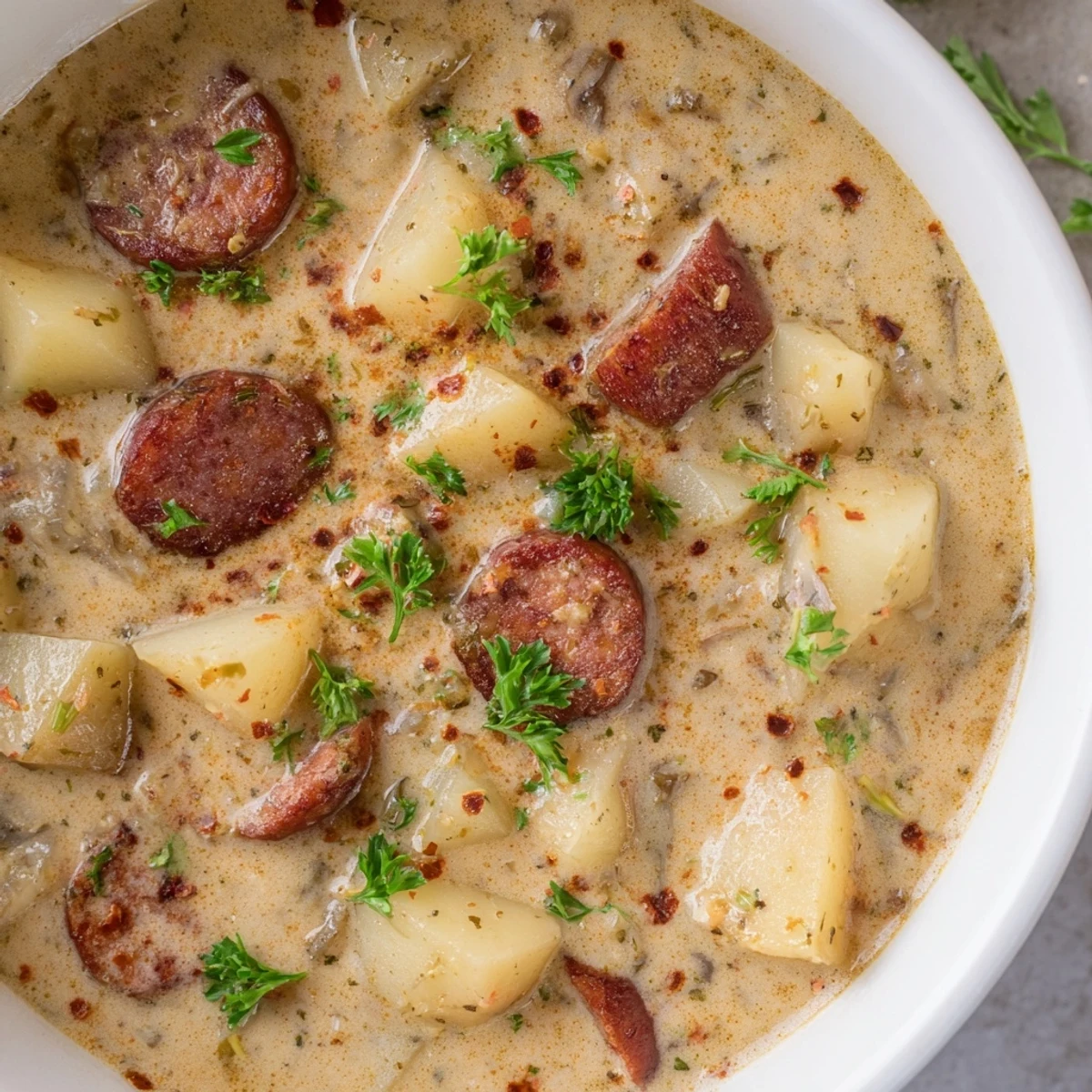 A steaming bowl of creamy chorizo potato soup, garnished with fresh parsley, ready to enjoy.
