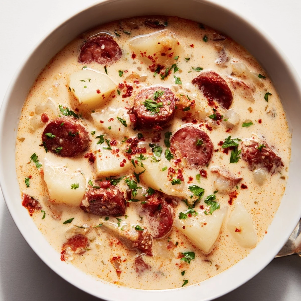 Close-up of a rich, velvety creamy chorizo potato soup, savory and perfectly seasoned with spices.
