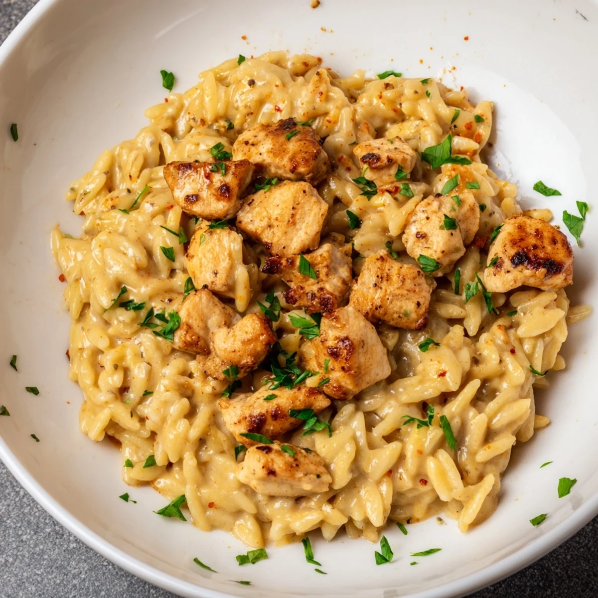 Creamy One-Pot Cajun Chicken Alfredo Orzo features tender chicken and zesty sauce, perfect for a flavorful dinner.
