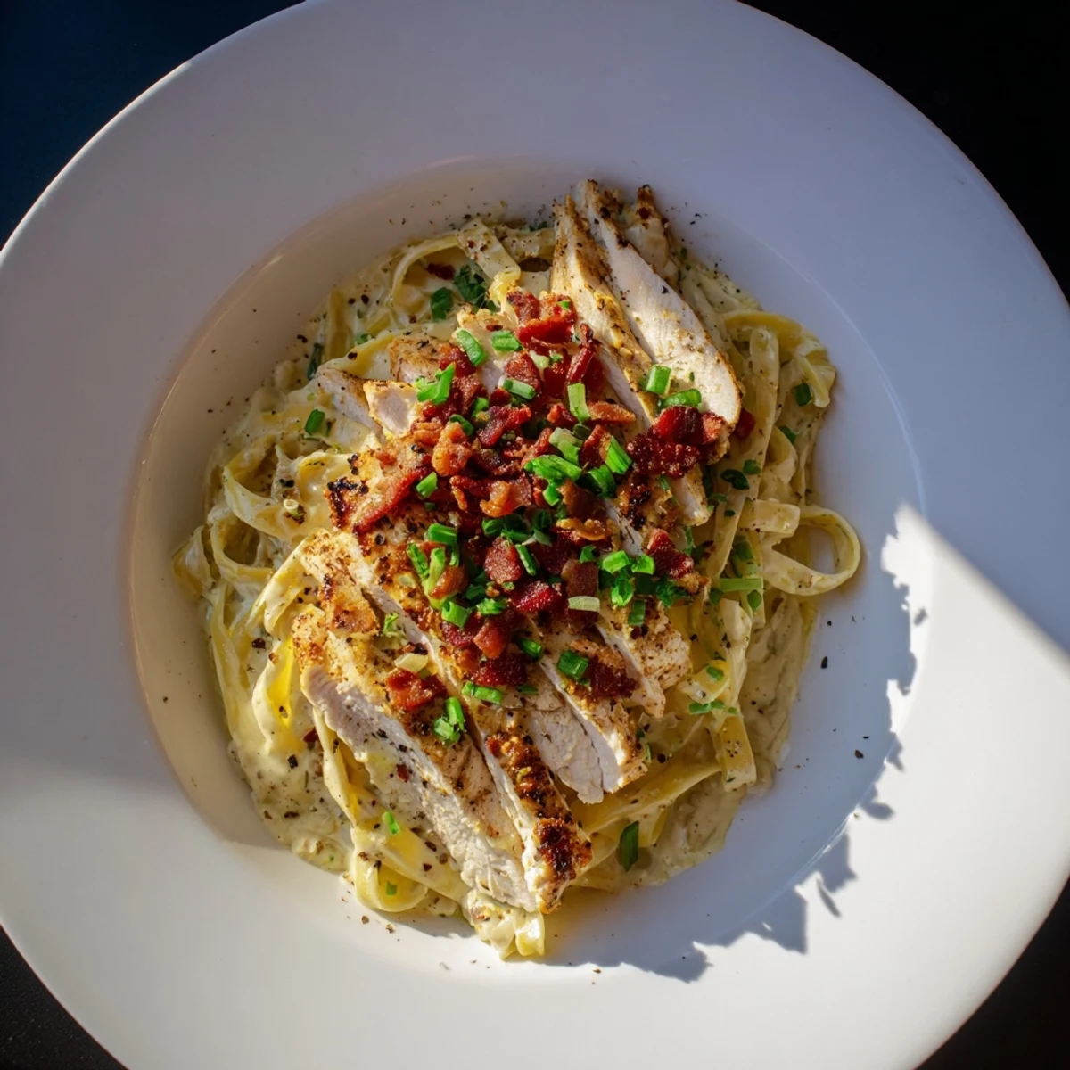 Plate of Southern Style Creamy Parmesan Chicken Pasta, with parsley and bacon, looks hearty and delicious.