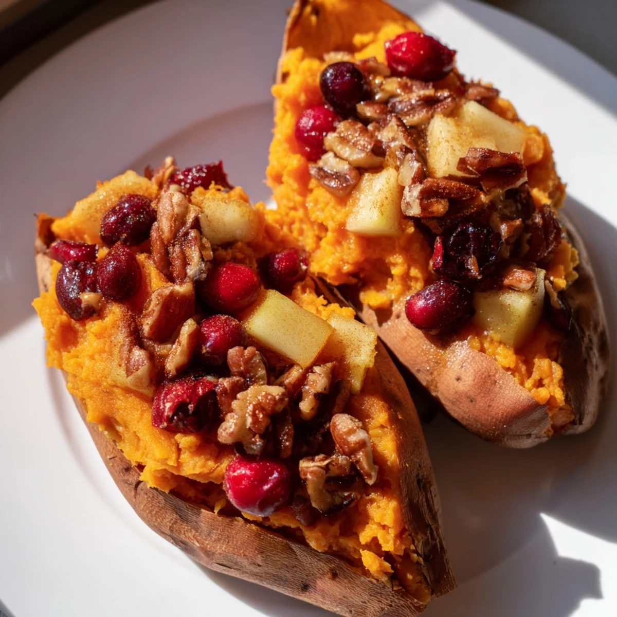 Golden, bubbly Cranberry Apple Twice-Baked Sweet Potatoes, ready to serve with pecan topping.