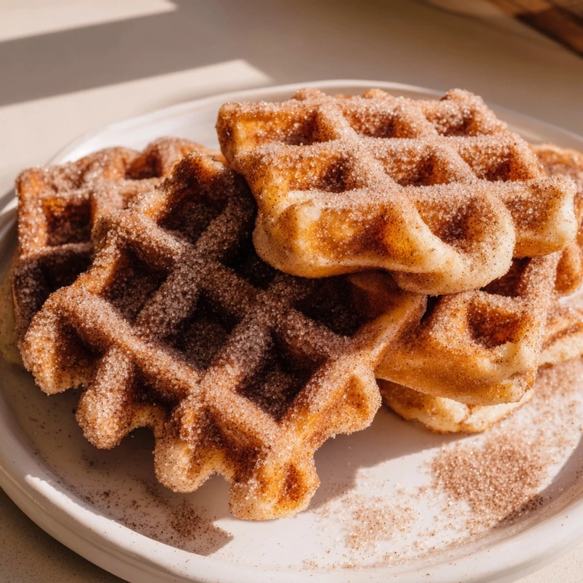 Express cinnamon sugar churro waffles, golden and crispy, ready to be coated in sweet cinnamon sugar.