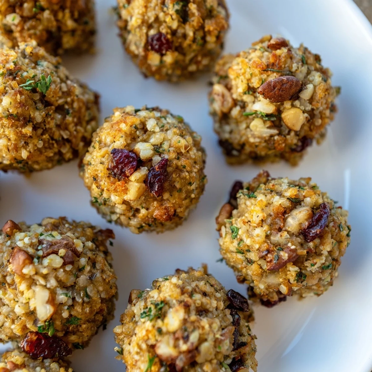Golden-brown Quick Christmas Stuffing Balls, crispy outside, full of herbs and ready to serve for the holidays.