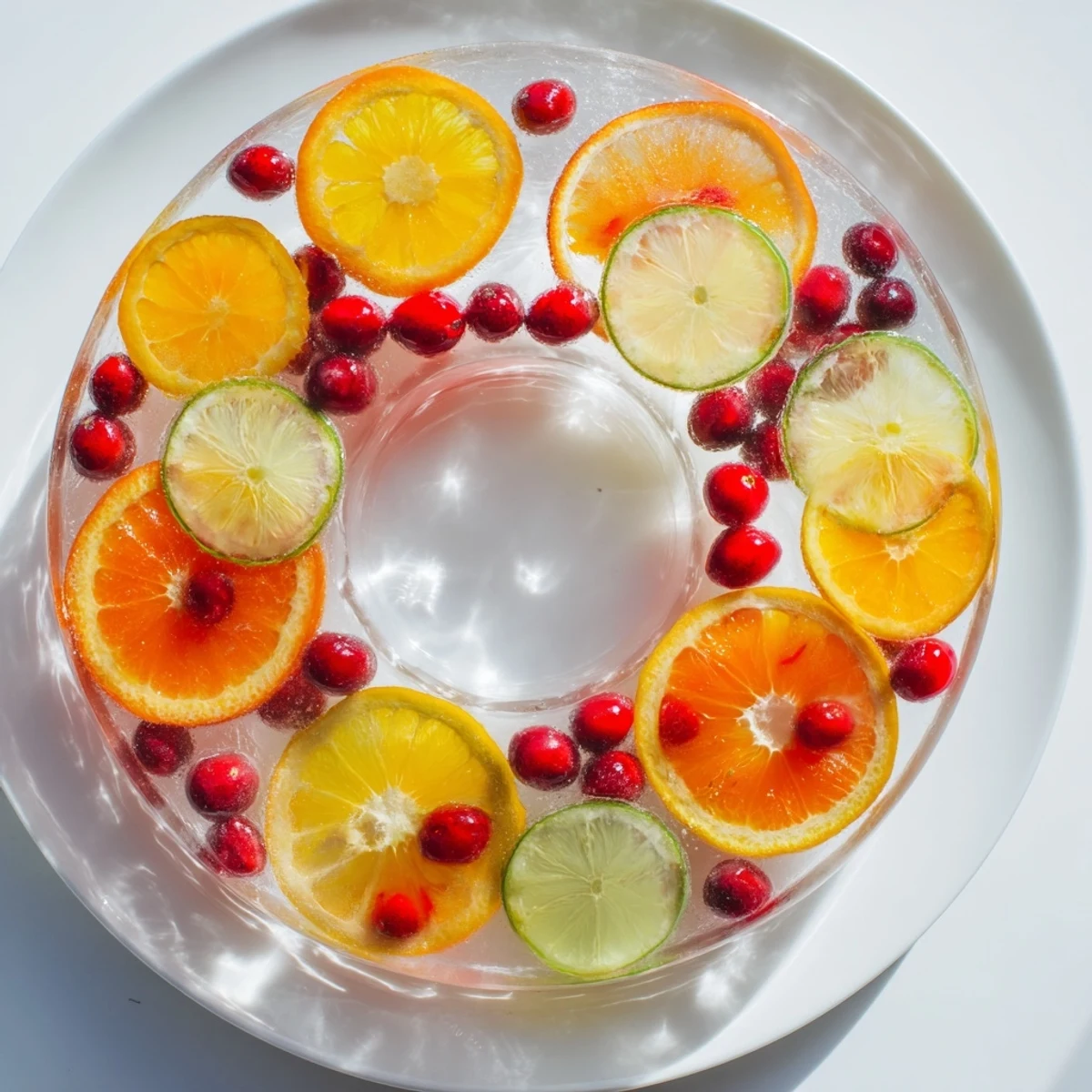Vibrant Quick Holiday Punch with Ice Ring, showcasing floating citrus fruits and cranberries, chilled and ready.