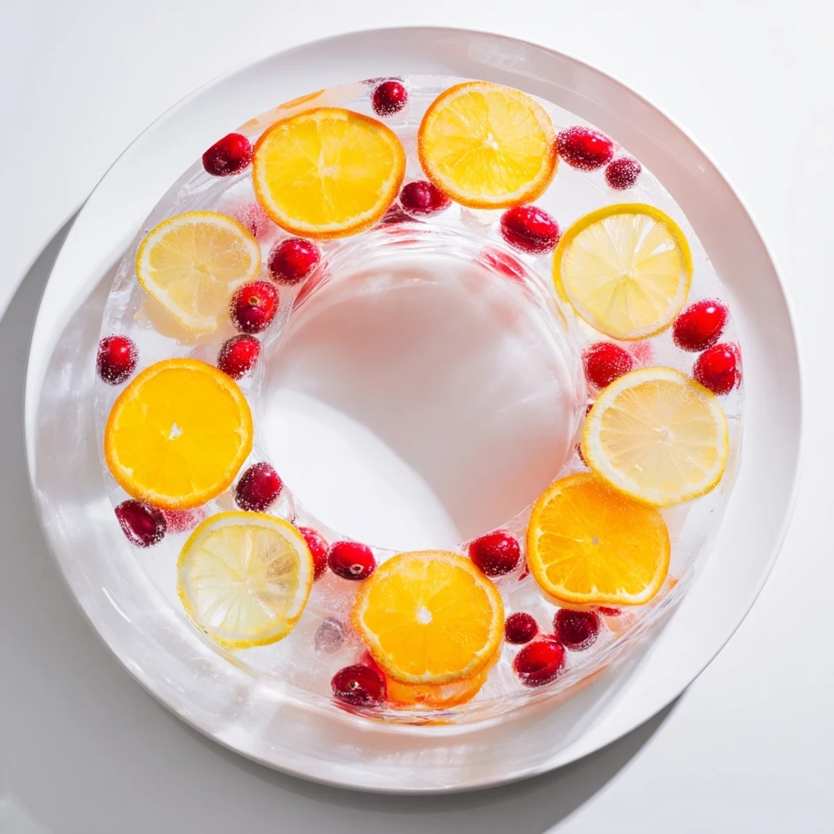 Delicious red Quick Holiday Punch with Ice Ring, garnished with beautiful frozen fruit for a festive sip!