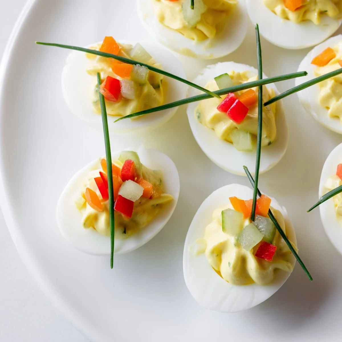 Festive deviled egg ornaments, bright and colorful with peppers, ready to be enjoyed at your holiday party.