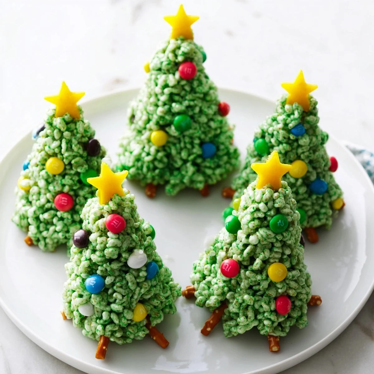 Vibrant photo: homemade Christmas Tree Rice Crispy Treats, coated in green marshmallow and covered with colorful candies.