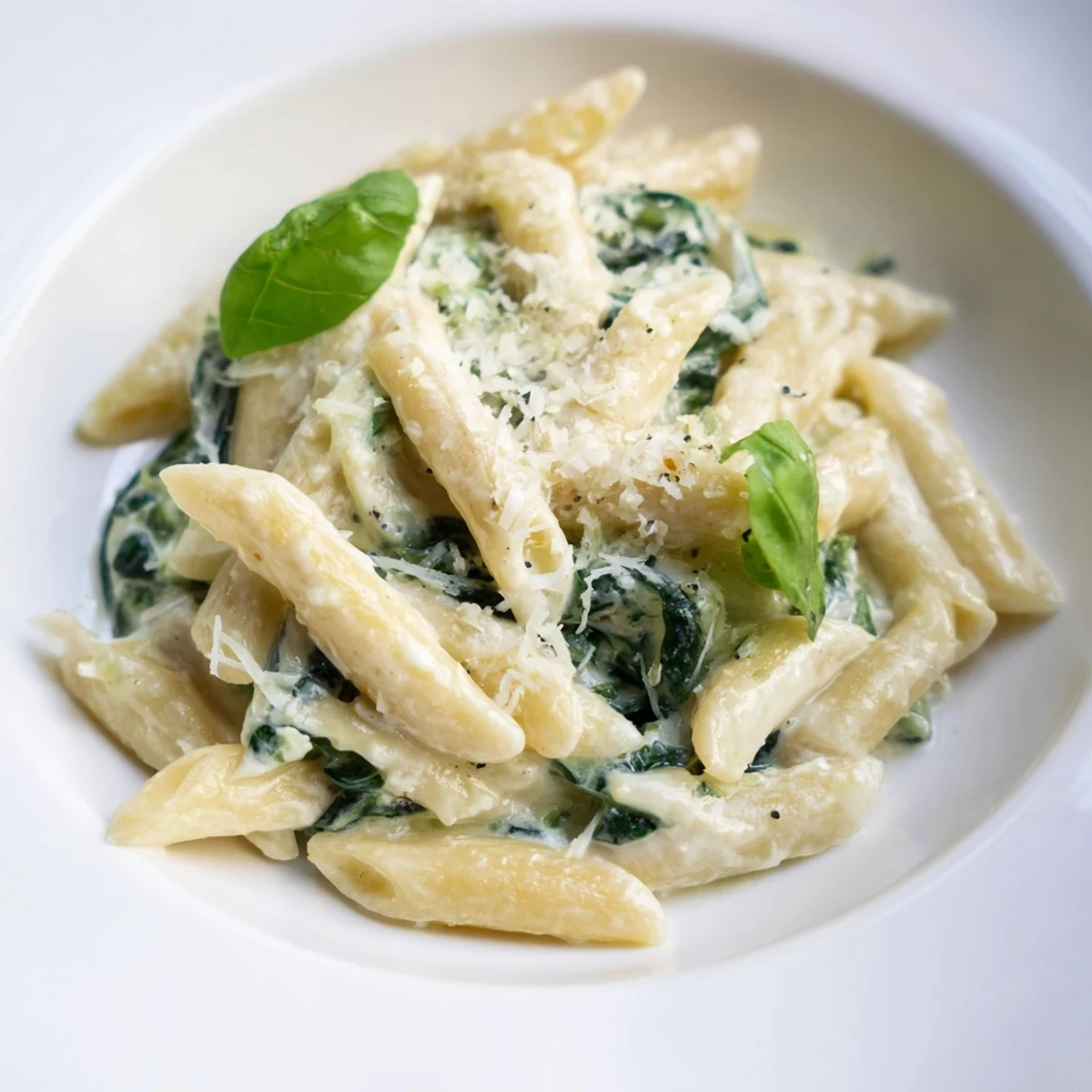 Steaming Cottage Cheese Creamy Spinach Pasta, coated in a luscious sauce, ready to serve and enjoy.