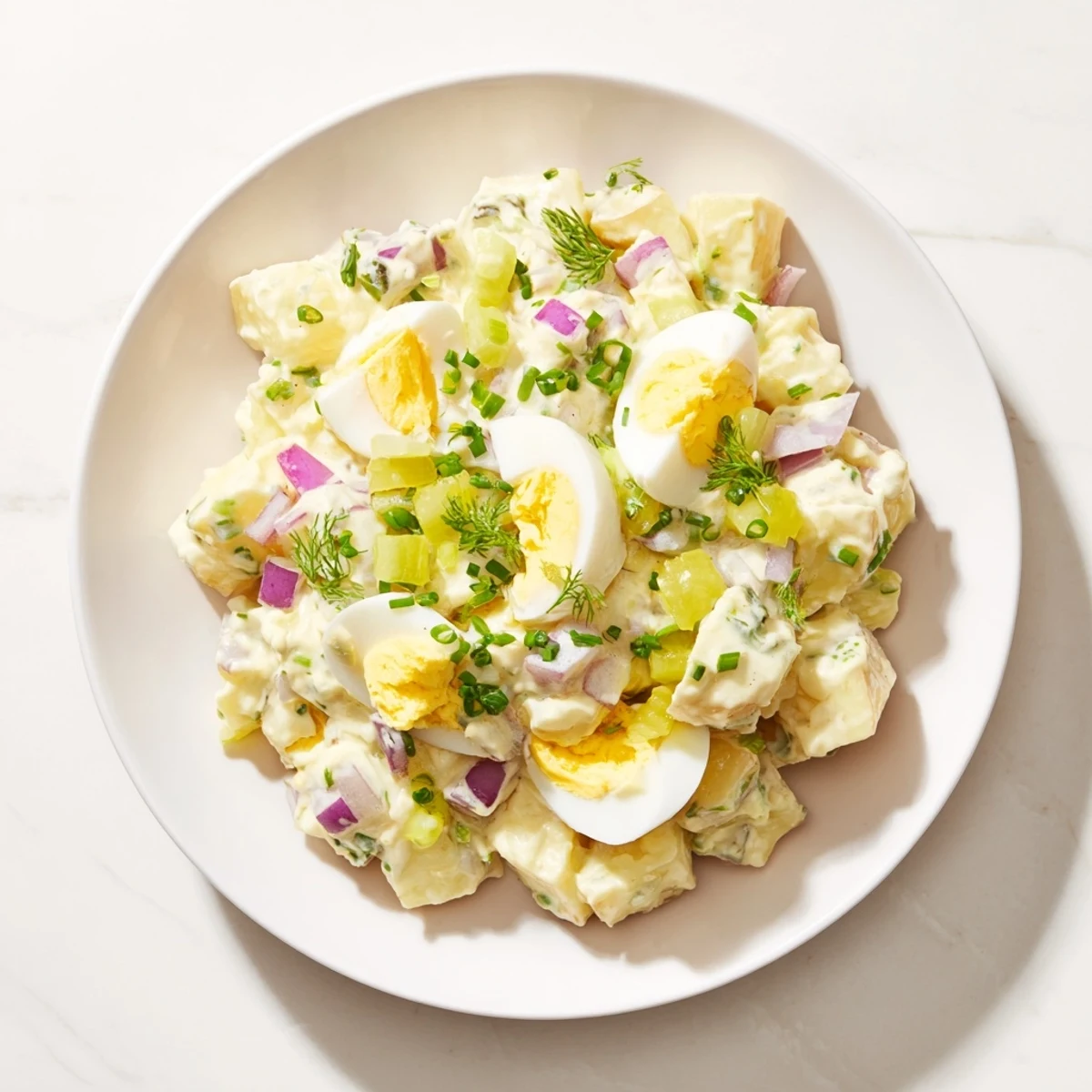 Chopped egg and potato salad, ready to eat with creamy potatoes, eggs, and fresh herbs, is savory.