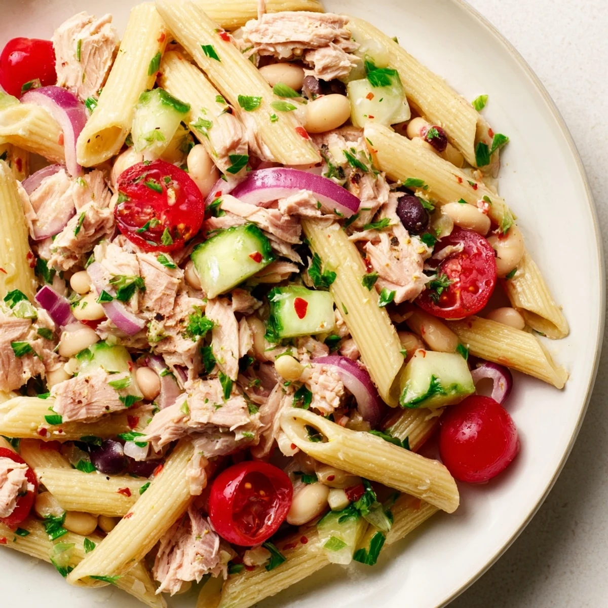 Enjoy a refreshing scoop of Spicy Tuna and White Bean Pasta Salad with a zesty citrus dressing.
