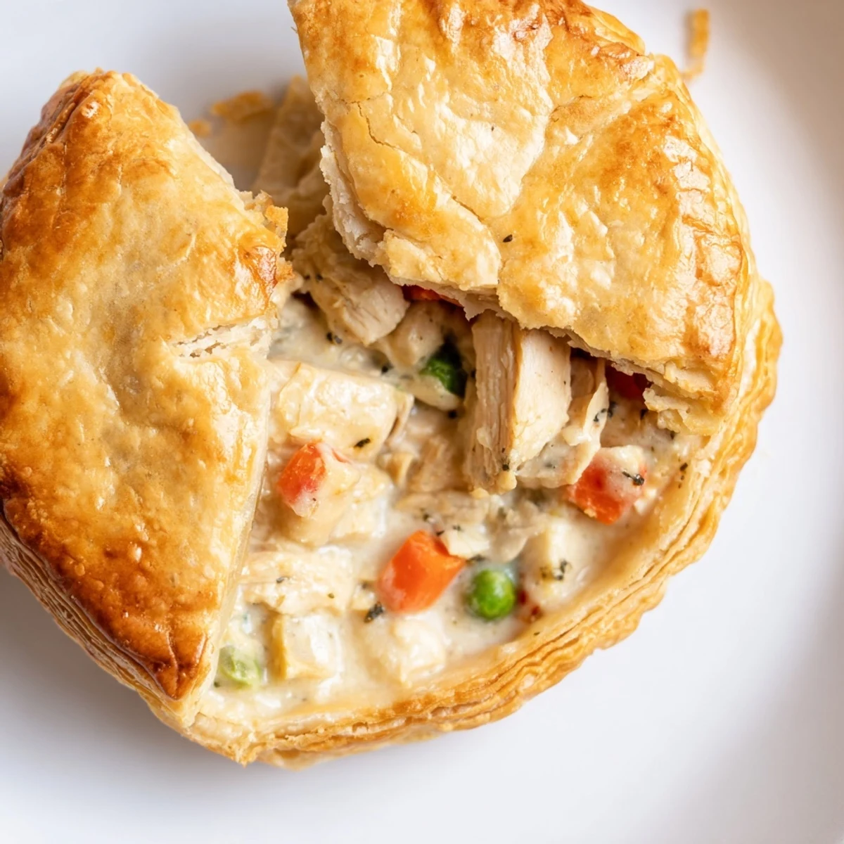 Marry Me Chicken Pot Pie: A bubbling, golden pie crust encompasses creamy chicken and savory vegetables, ready to eat.