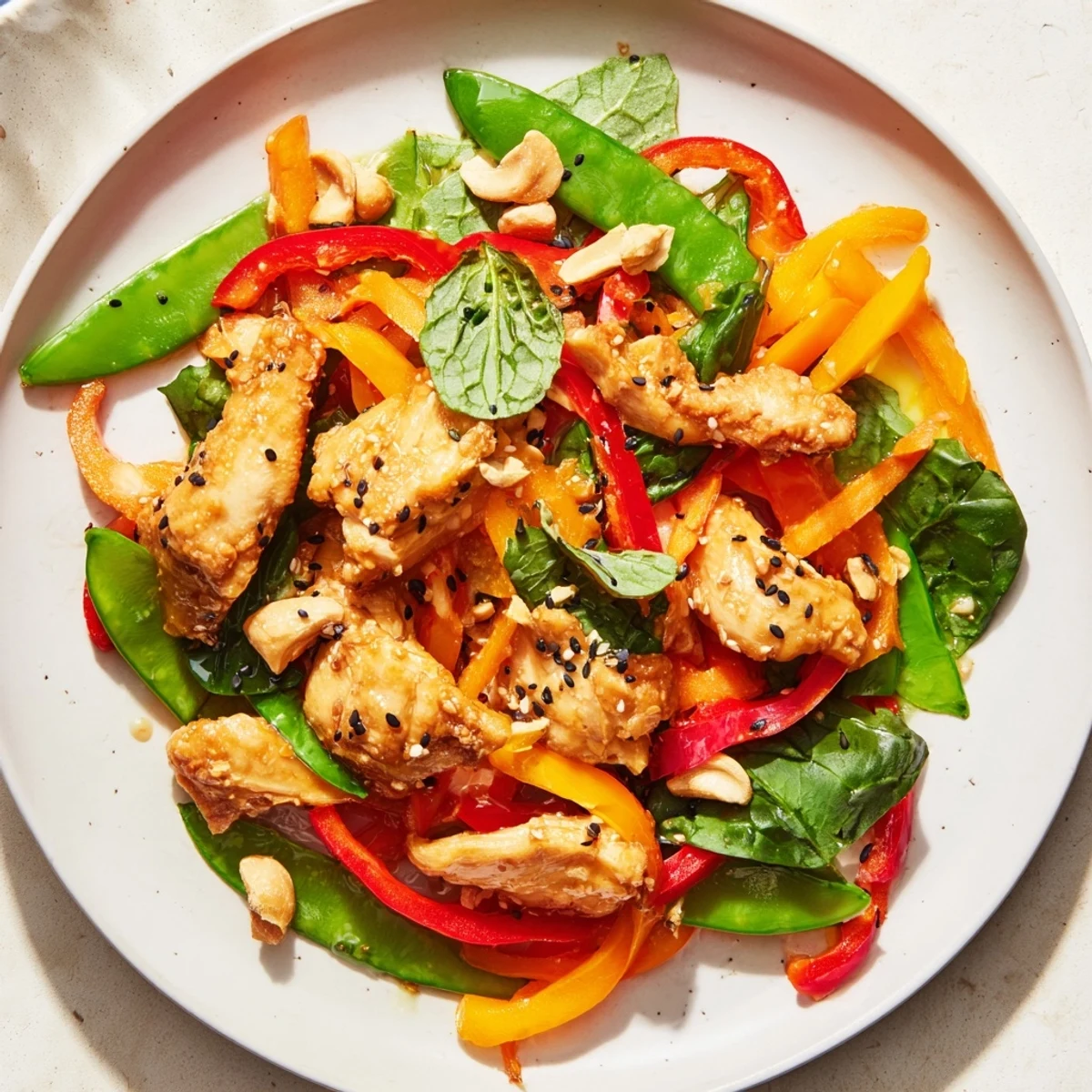 This delicious High-Protein Chicken Stir-Fry Salad Bowl features tender chicken and crunchy, stir-fried vegetables with a vibrant sauce.