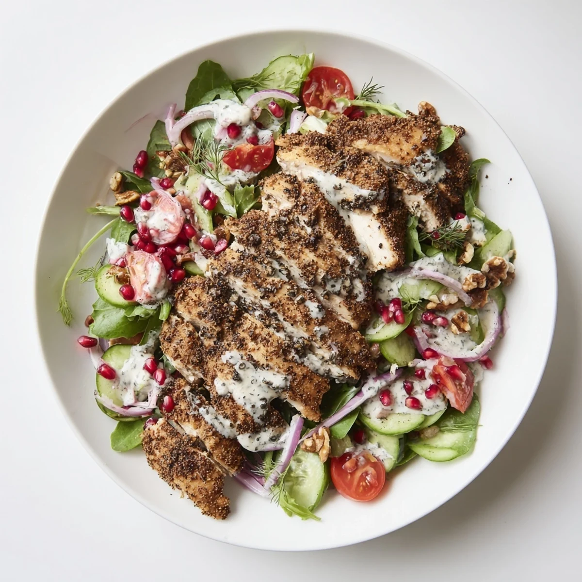 Tender, grilled black pepper chicken slices cascade over a colorful salad, ready to be drizzled with yogurt.