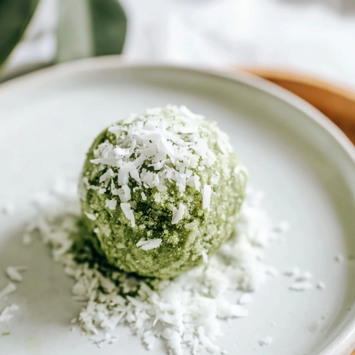 Earthy green Coconut Matcha Snowball Fat Bombs rolled in coconut, perfect for a keto snack.