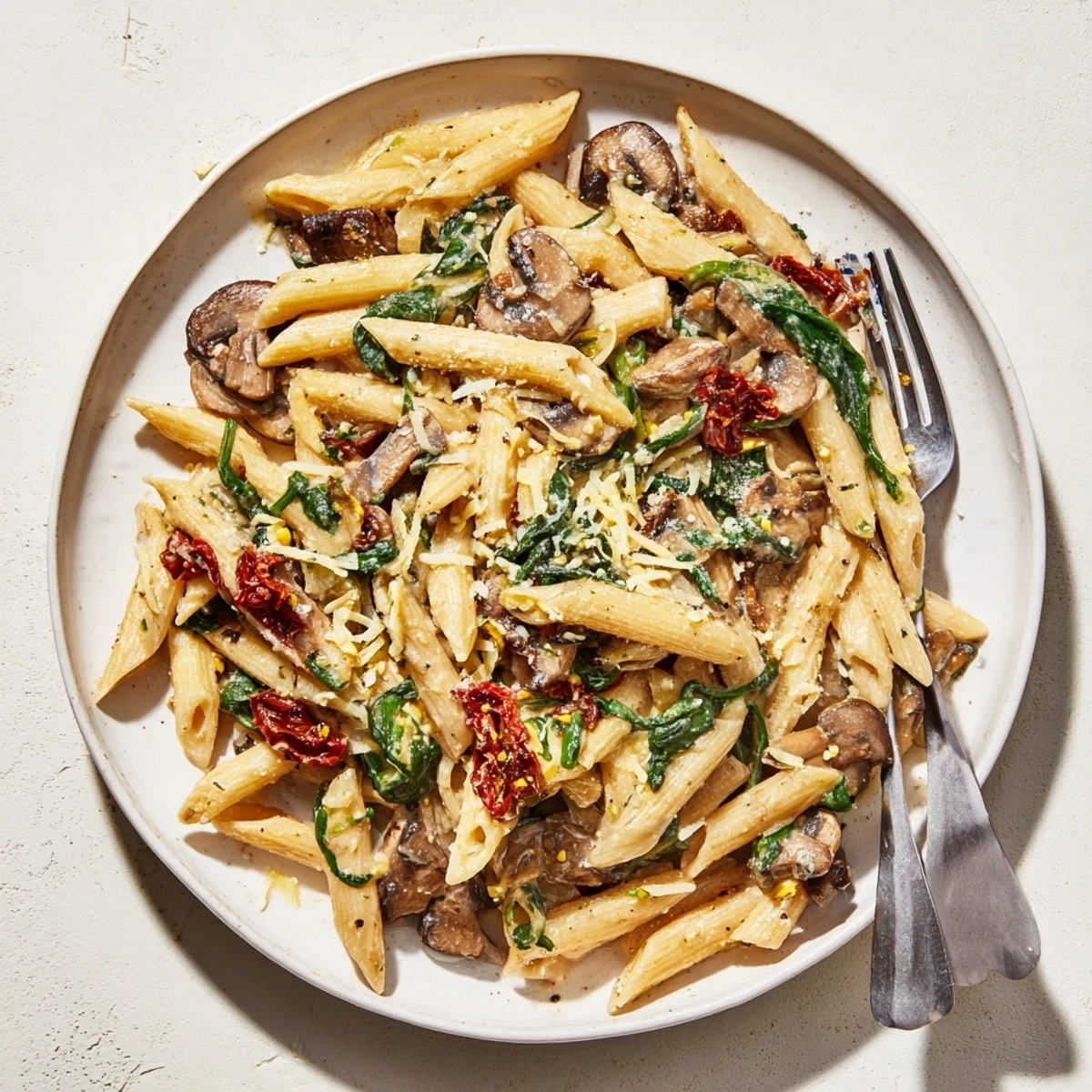 Tender penne pasta coated in creamy sauce, brimming with sun-dried tomatoes and mushrooms; a delicious meal.