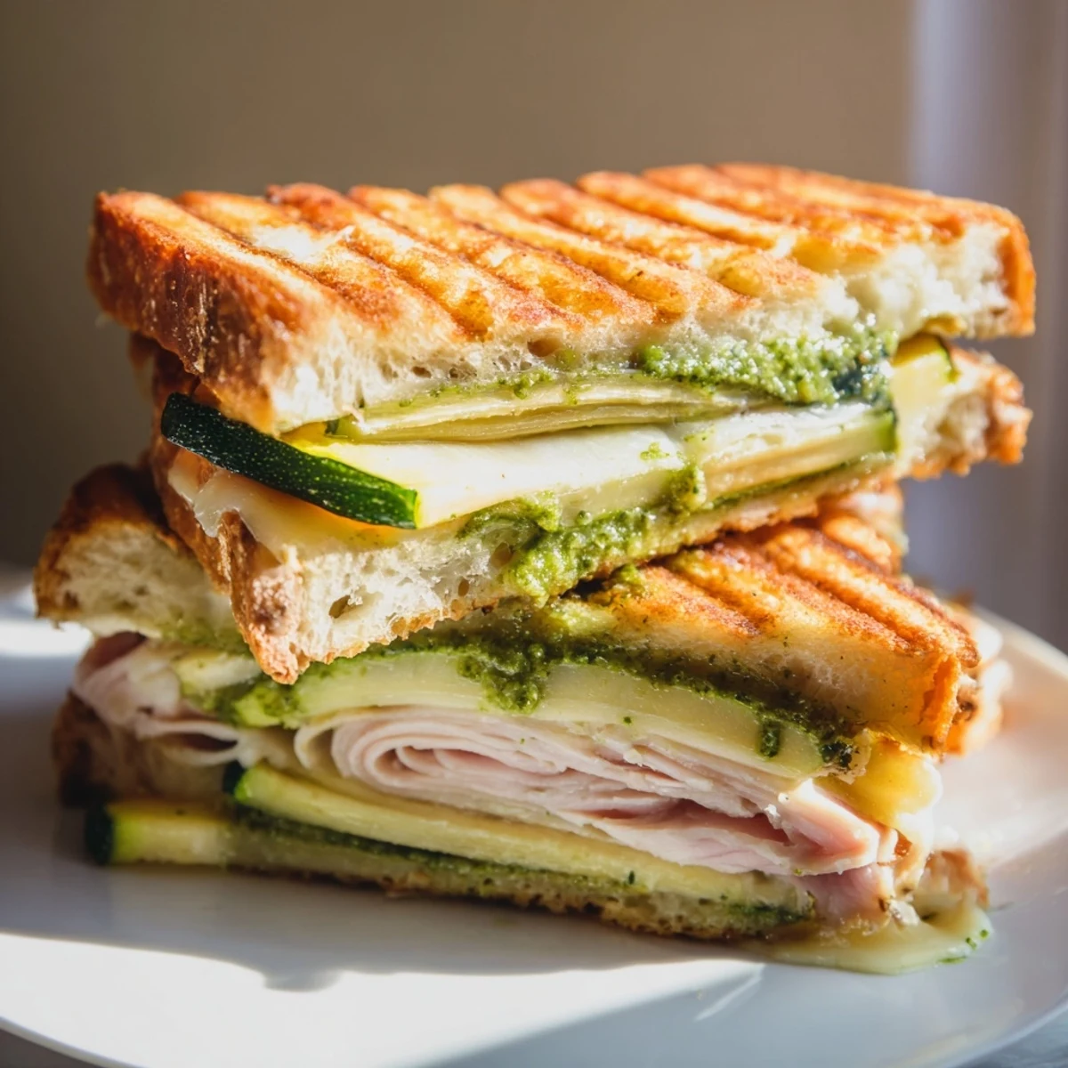 Melted cheese and vibrant pesto coat Pesto Turkey Zucchini Grilled Cheese Stacks made with sourdough.