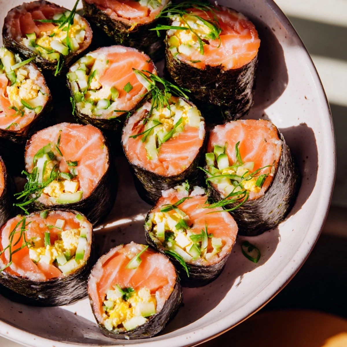 A close-up of vibrant High-Protein Sushi Wrap, showcasing smoked salmon and fresh veggies beautifully arranged.