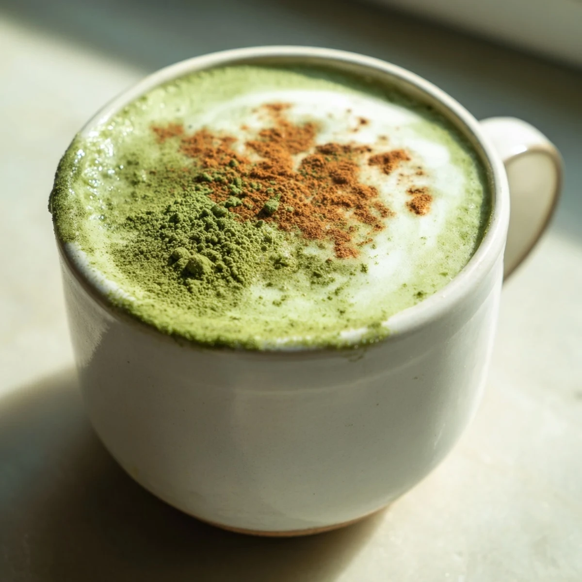 Steaming mug of Cinnamon Maple Oat Milk Matcha Latte, garnished with cinnamon, ready to enjoy.