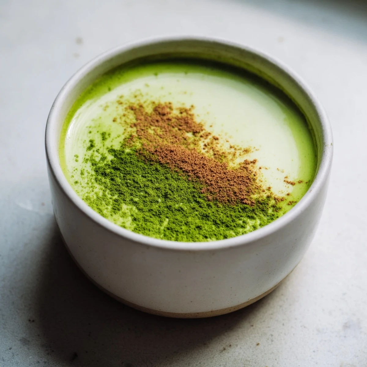 Frothy Cinnamon Maple Oat Milk Matcha Latte, a vibrant green vegan beverage perfect for breakfast.