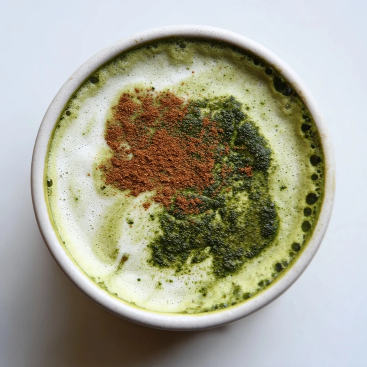 Homemade Cinnamon Maple Oat Milk Matcha Latte with swirling matcha, a delicious, warming dairy-free drink.