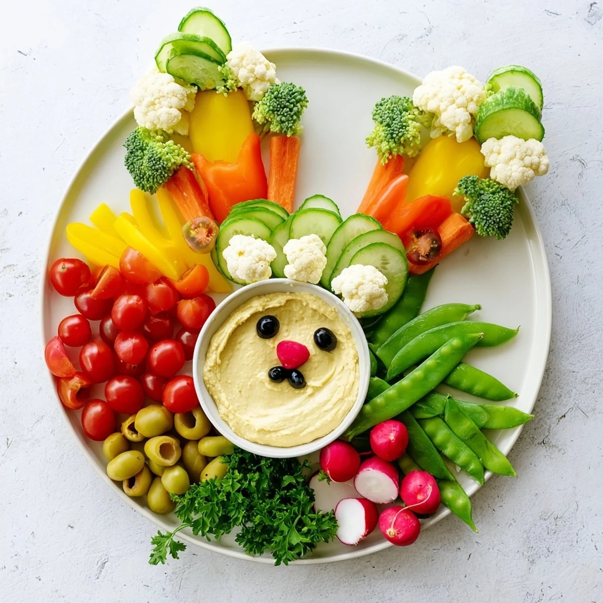 Vibrant Bunny Meadow Veggie Board: a festive, colorful platter of fresh vegetables and creamy dip.