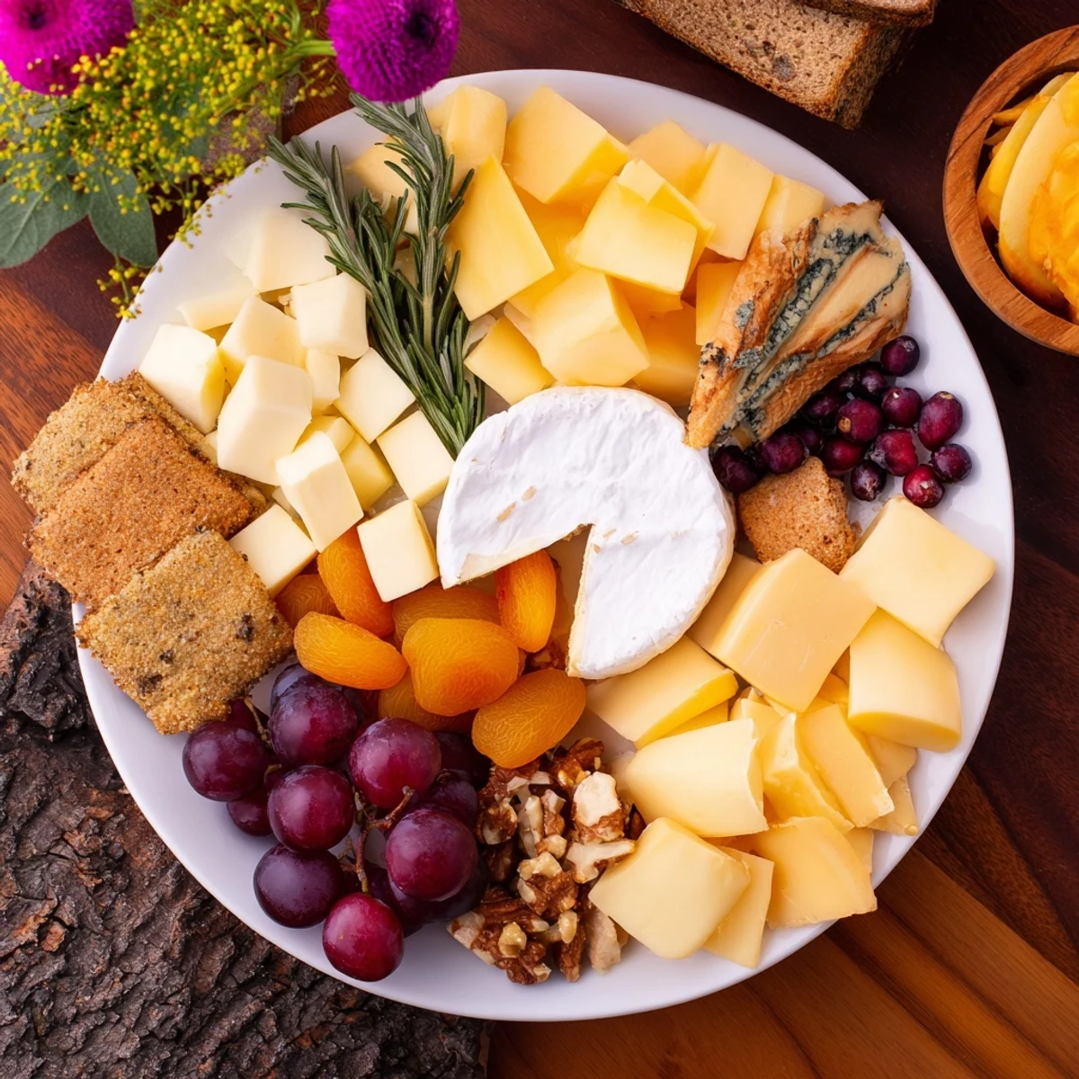 Woodland Creature Cheese Platter with brie, berries, and nuts, arranged on a rustic wooden board.