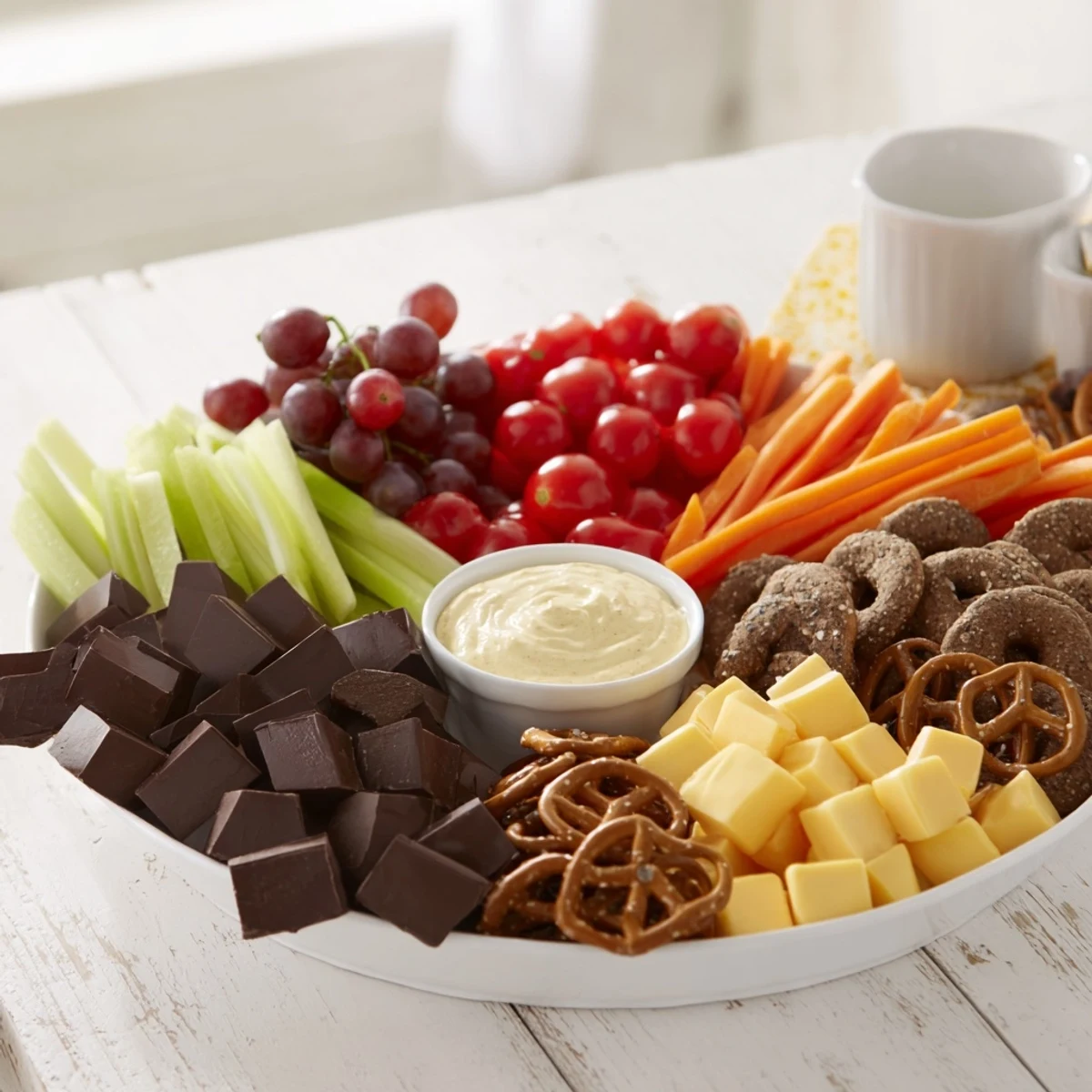 Vibrant Fox & Friends snack tray boasting colorful fresh produce, cheeses, and dips, perfect for sharing.