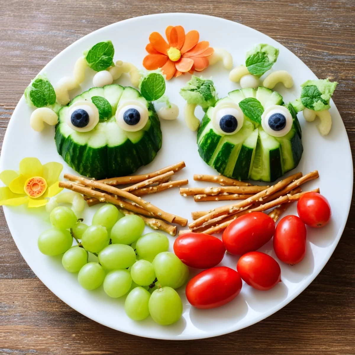 Vibrant Frog Pond Snack Tray: Cucumber lily pads host cheese frogs with edible eyes and pretzel reeds.