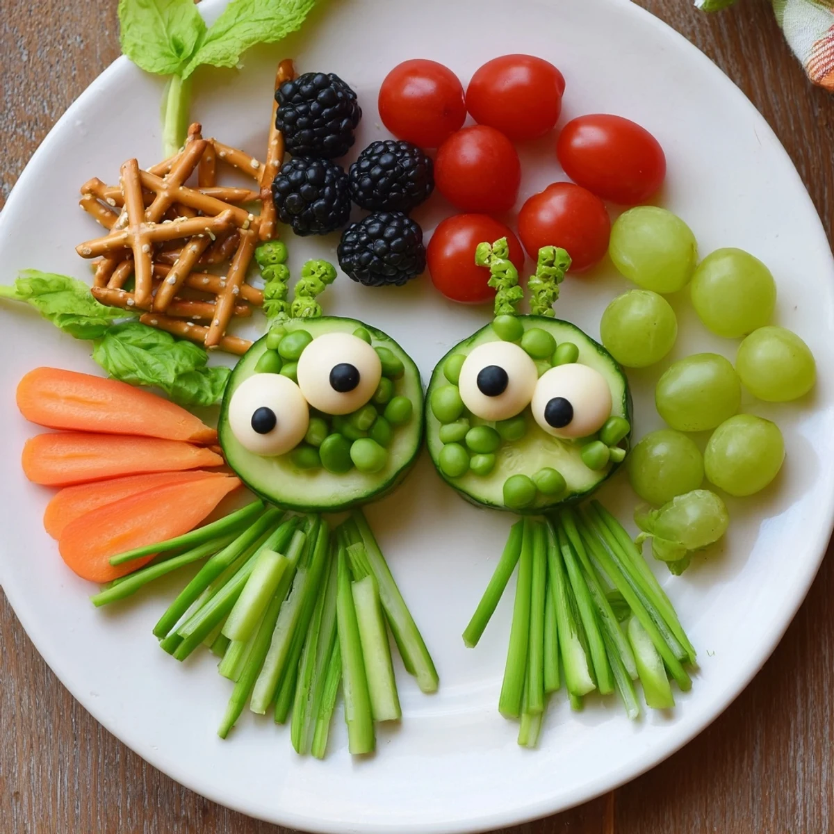 This easy Frog Pond Snack Tray recipe includes playful frog-shaped snacks with colorful fruits arranged creatively.