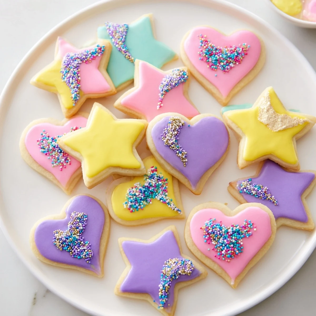 Vibrantly colored Princess Palace Heart & Star Treats with sparkling glitter, perfect for a fairy-tale birthday dessert.