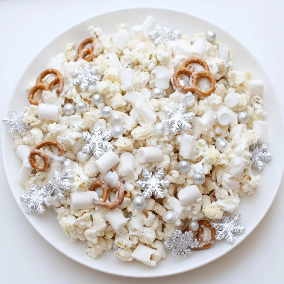 Snow-covered Ski Season Snowflake Snack Mix clusters with pretzels, popcorn, and white chocolate, ready to enjoy.