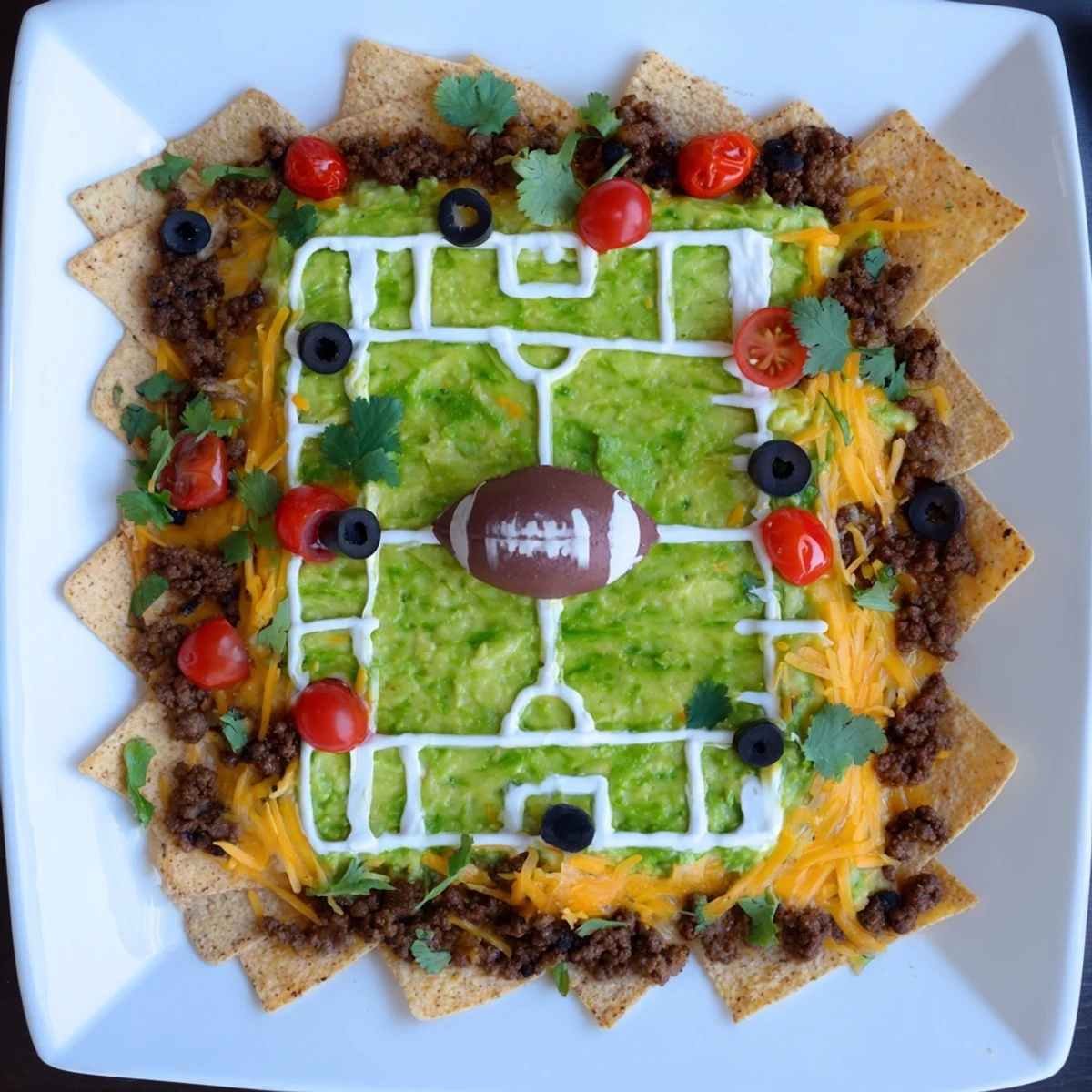 Vibrant soccer field nacho platter featuring melted cheese, savory beef, and colorful toppings, perfect for game day.