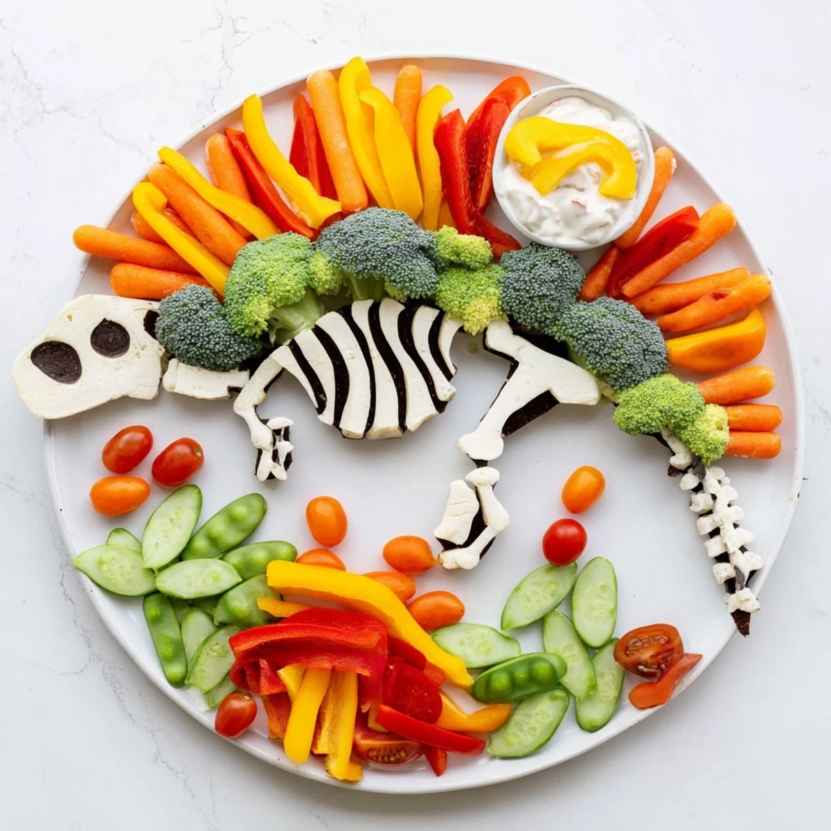 Dino-Mite Dinosaur Fossil Crudités with colorful bell pepper "bones" and creamy hummus for dipping.