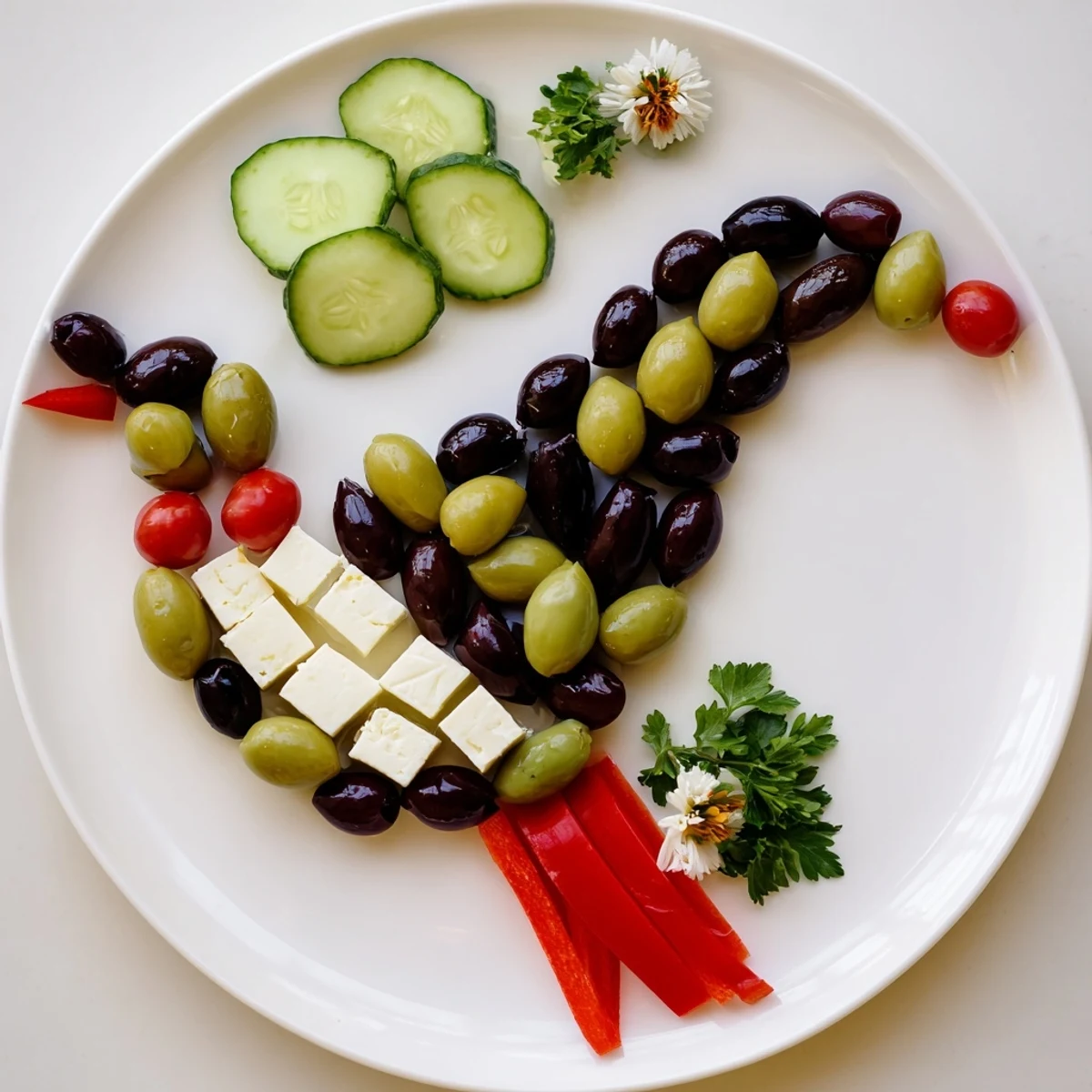 Mediterranean Colombe de la Paix Olive Platter: a vibrant appetizer featuring olives, feta, and Manchego cheese, served beautifully.