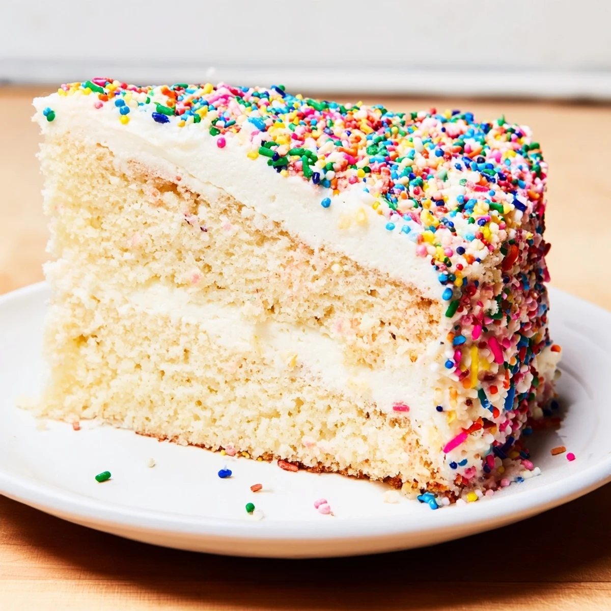 A slice of Happy Birthday Cake is shown, fluffy and frosted, generously sprinkled with festive color.