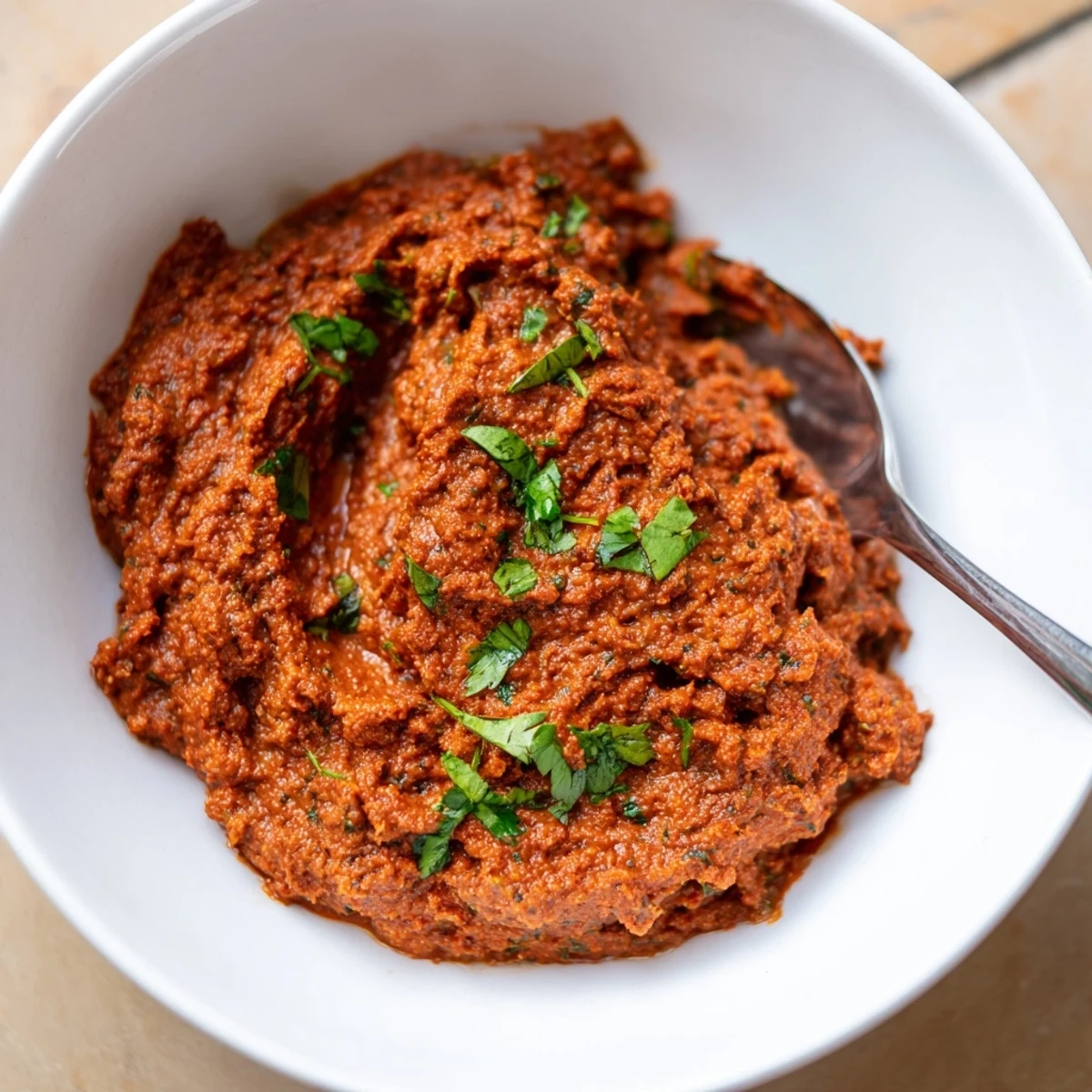 A vibrant dish of Volcanic Lava Spicy Dip, speckled with fresh herbs and ready to serve.