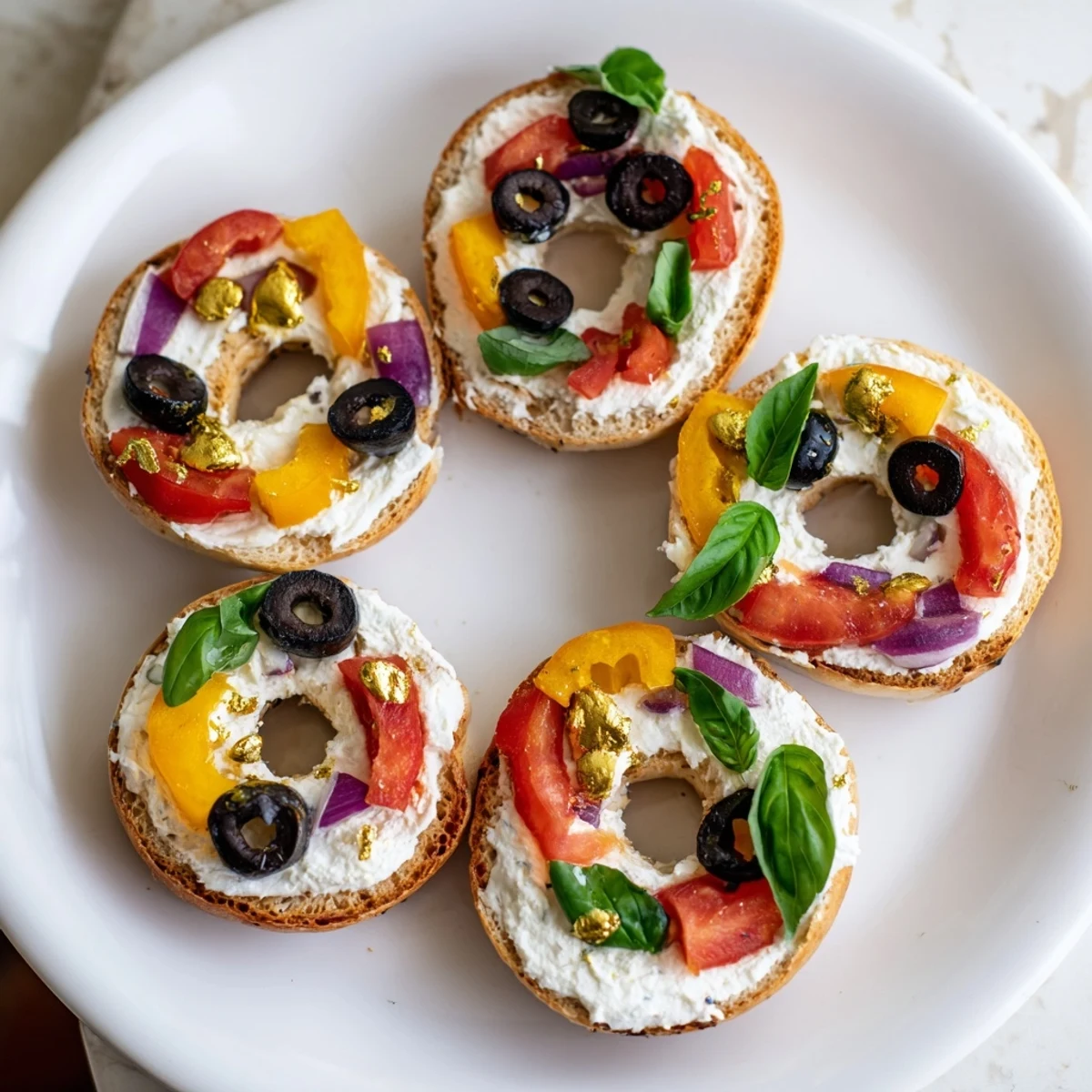 Colorful Olympic Rings Medal Appetizer with mini bagels, cream cheese, and vibrant veggie toppings.