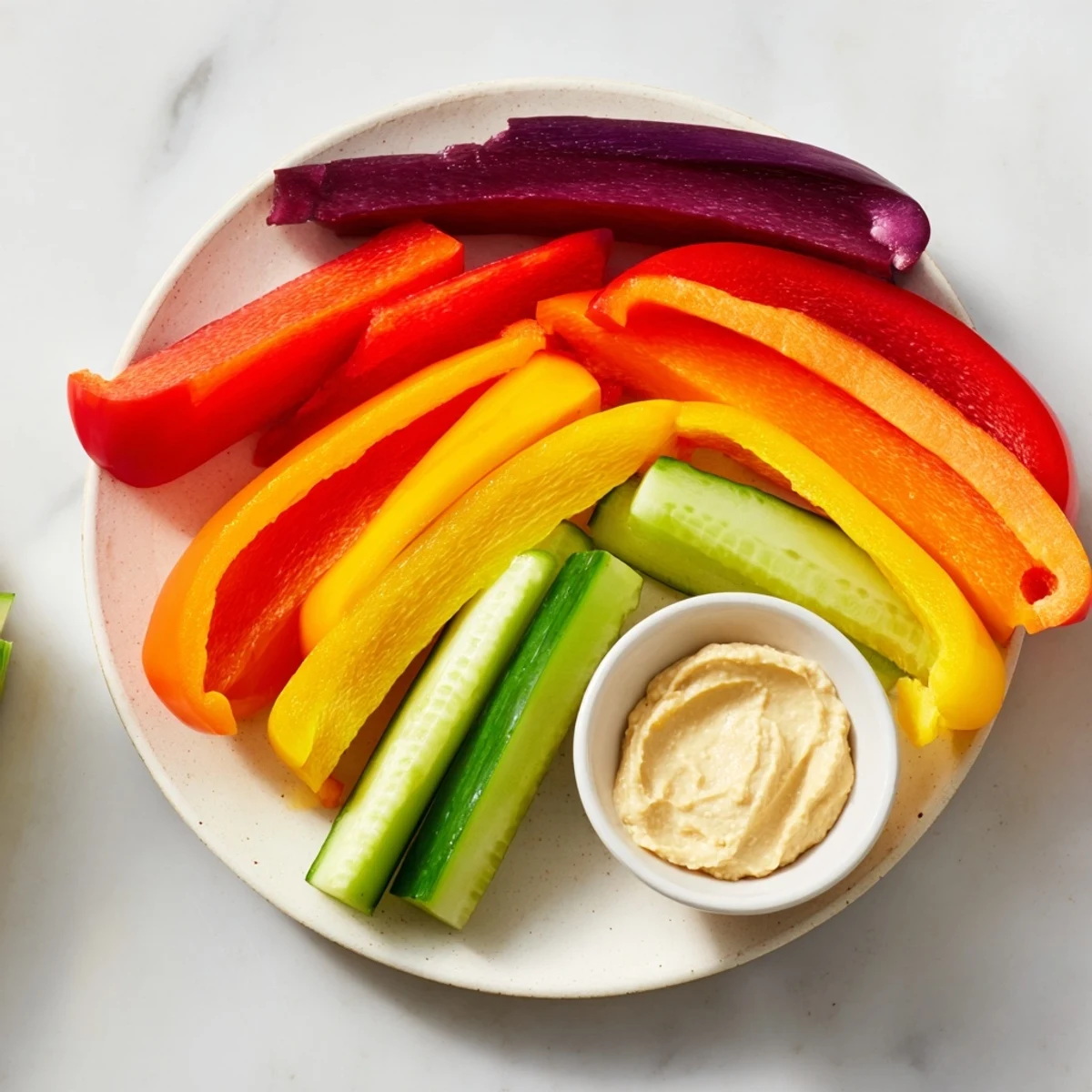 Colorful array of rainbow arch veggie sticks, a fun and easy vegetarian snack for all ages to enjoy.