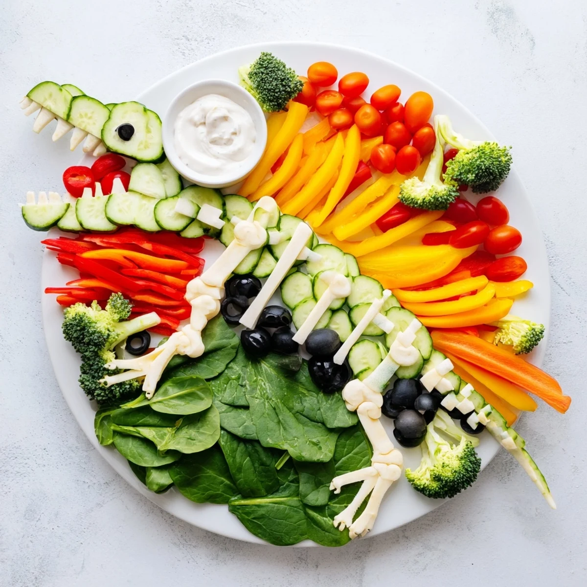 A colorful T-Rex Fossil Crudités platter arranged with carrots, bell peppers, and fresh veggie dip.